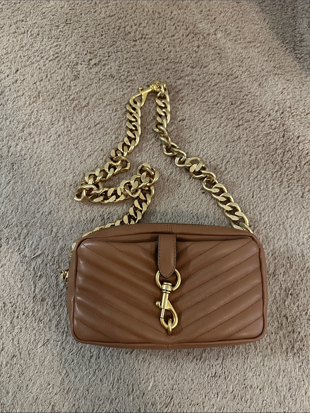Rebecca Minkoff Quilted Tan Leather Crossbody Bag with Gold Chain